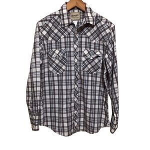 Wrangler Western Shirts Pearl Snap Brown Plaid Shirt L